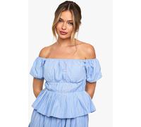 Boohoo Stripe Poplin Bardot Top In Blue blue 6