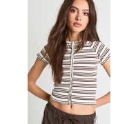 boohoo Women's Stripe Rib Button Through Short Sleeve Top in Lemon | Size: 6