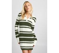 Boohoo Stripe Rib Collared Knitted Dress In Khaki khaki L