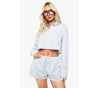 boohoo Women's Stripe Seersucker Cropped Shirt in Blue | Size: 14
