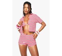Boohoo Stripe Towelling Crop Beach Shirt In Pink pink 10