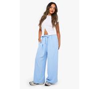 boohoo Women's Striped Linen Wide Leg Trouser in Powder Blue | Size: Small/Medium