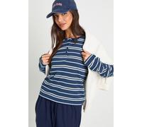boohoo Women's Striped Long Sleeve Henley Button Boxy Top in Navy | Size: 12