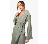 Boohoo Striped Wrap Tie Blouse In Olive olive 12