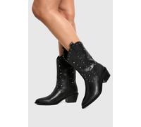 Boohoo Studded Embossed Detail Heeled Western Boots In Black black 7