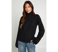 Boohoo Super Soft Button Sleeve Detail High Neck Knitted Jumper In Black black M