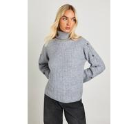 Boohoo Super Soft Button Sleeve Detail High Neck Knitted Jumper In Denim-Blue denim-blue M