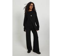 Boohoo Super Soft Oversized Knitted Jumper, Wide Leg Trouser And Knitted Bag 3 Piece Set In Black black XS