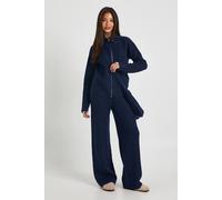 Boohoo Super Soft Oversized Zip Through Knitted Jumper, Straight Leg Trouser And Knitted Bag 3 Piece Set In Navy navy L