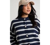 Boohoo Super Soft Stripe High Neck Button Through Cardigan In Navy navy L