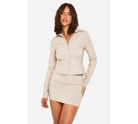 Boohoo Super Stretch Fitted Shirt & Micro Mini Skirt In Stone stone 14