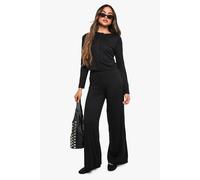 Boohoo Supersoft Popper Long Sleeve Top And Straight Leg Trouser Set In Black black 14