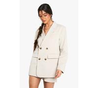 boohoo Women's Tailored Linen Look Double Breasted Blazer in Stone | Size: 12