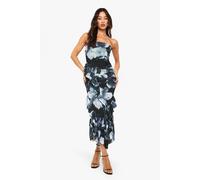 Boohoo Tall Bandaeu Floral Mesh Ruffle Midaxi Dress In Black black 16