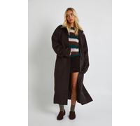 Boohoo Tall Faux Leather Collar Longline Wool Look Coat In Chocolate chocolate 16