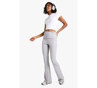 boohoo Women's Tall Fold Over Waist Soft Rib Flare Trouser in Grey | Size: 14