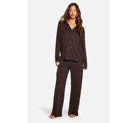 Boohoo Tall Long Sleeve Shirt & Trousers Pyjama Set In Chocolate chocolate 14
