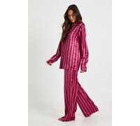 boohoo Women's Tall Oversized Satin Stripe Long Sleeve Shirt & Trousers Pyjama Set in Dark Pink | Size: 8