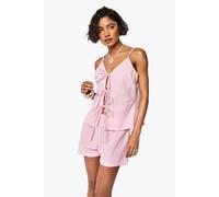 boohoo Women's Tall Pinstripe Halter Neck Tie Short Co Ord in Red | Size: 14