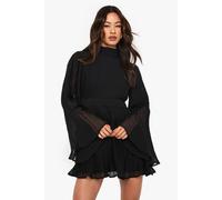 Boohoo Tall Pleated Chiffon High Neck Flare Sleeve Mini Dress In Black black 10