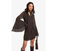 Boohoo Tall Polkadot Flare Sleeve Chiffon Smock Dress In Chocolate chocolate 8