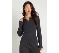 boohoo Women's Tall Premium Long Sleeve Collared Rib Knit Top in Charcoal | Size: 10