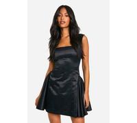 Boohoo Tall Satin Structured Square Neck Skater Dress In Black black 18