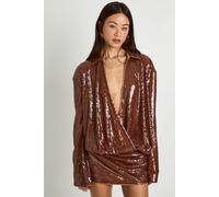 Boohoo Tall Sequin Draped Flare Sleeve Shirt Dress In Chocolate chocolate
