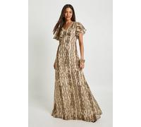 Boohoo Tall Snake Print Lace Trim Midaxi Dress In Stone stone 10