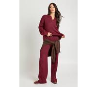 boohoo Women's Tall Super Soft V Neck Collared Knitted Jumper & Straight Leg Trouser Co-Ord in Burgundy | Size: Medium