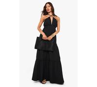 Boohoo Tall Textured Crinkle Strappy Tiered Maxi Dress In Black black 6