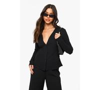 Boohoo Textured Button Through Long Sleeve Top In Black black 12