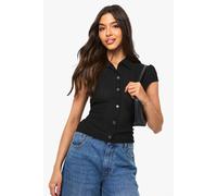 Boohoo Textured Cap Sleeve Button Through Top In Black black 12