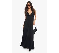 Boohoo Textured Crinkle Strappy Tiered Maxi Dress In Black black 18