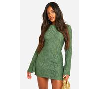 Boohoo Textured Flare Sleeve Mini Dress In Green green 18