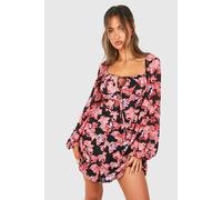 boohoo Women's Textured Floral Balloon Sleeve Milkmaid Mini Dress in Pink | Size: 10