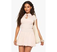 Boohoo Textured Gingham Shirred Waist Keyhole Mini Dress In Stone stone 16