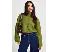 Boohoo Textured Knit Collar Detail Button Through Knitted Cardigan In Khaki khaki L