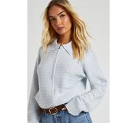 Boohoo Textured Knit Collar Detail Zip Through Knitted Cardigan In Baby Blue baby blue M