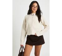 Boohoo Textured Knit Crew Neck Zip Throught Knitted Cardigan In Beige beige S