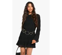Boohoo Textured Long Flare Sleeve Mini Dress In Black black 10