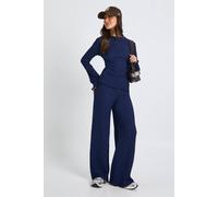 Boohoo Textured Long Sleeve Lettuce Hem Top & Trouser Co Ord In Navy navy 8