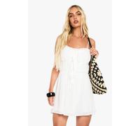 Boohoo Textured Ruched Tie Mini Smock Dress In White white 14