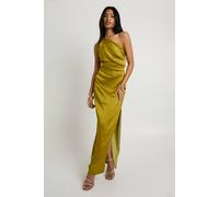 Boohoo Textured Satin Asymmetric Maxi Dress In Chartreuse chartreuse 10