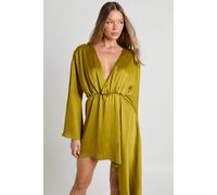 Boohoo Textured Satin Draped Wrap Mini Dress In Chartreuse chartreuse 14