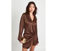 Boohoo Textured Satin Wrap Shirt Dress In Chocolate chocolate 16
