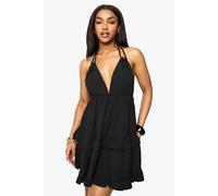Boohoo Textured Stripe Crinkle Tiered Mini Dress In Black black 18