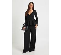 Boohoo Textured Wrap Detail Long Sleeve Top And Trouser Set In Black black 16