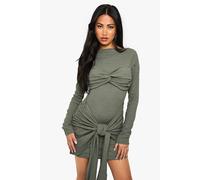 Boohoo Textured Wrap Knot Detail Mini Dress In Khaki khaki 8