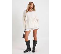 Boohoo Tie Waist Detail Slouchy V Neck Jumper In Cream cream M